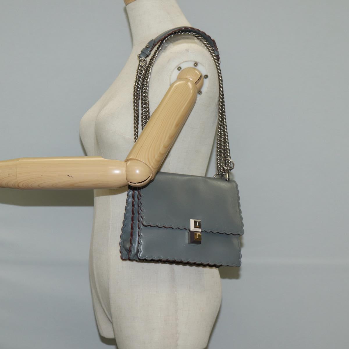 FENDI Chain Shoulder Bag Leather Gray Silver Auth 127855V
