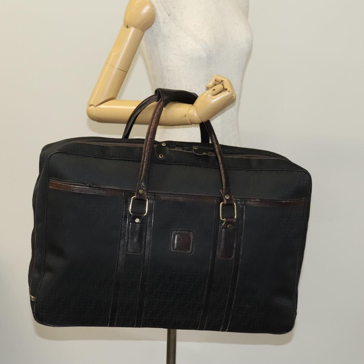 FENDI Zucchino Canvas Boston Bag Silver Black Auth 127858