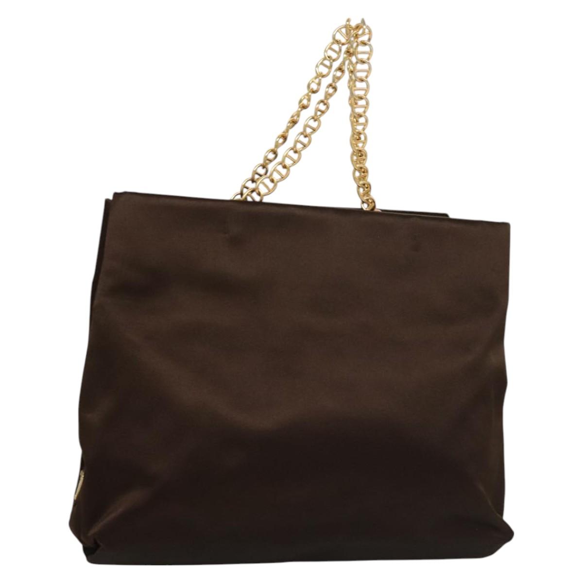 PRADA Chain Tote Bag Satin Brown Gold Auth 127862