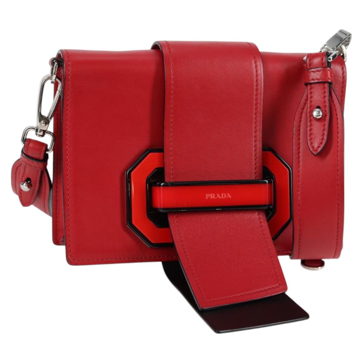 PRADA Chain Shoulder Bag Leather Red Silver Auth 127863V
