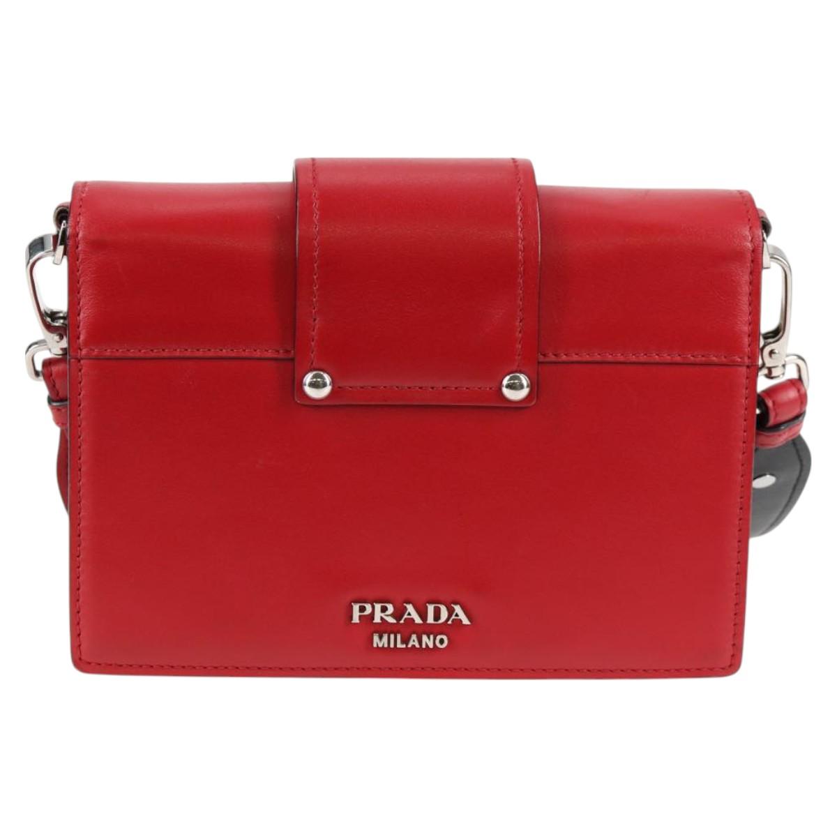 PRADA Chain Shoulder Bag Leather Red Silver Auth 127863V