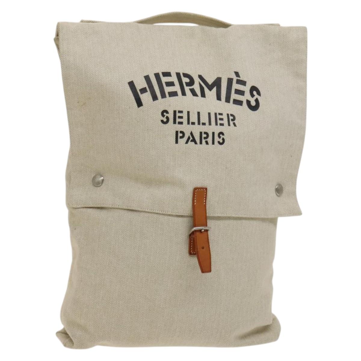 HERMES Hand Bag Canvas Beige Auth 127890