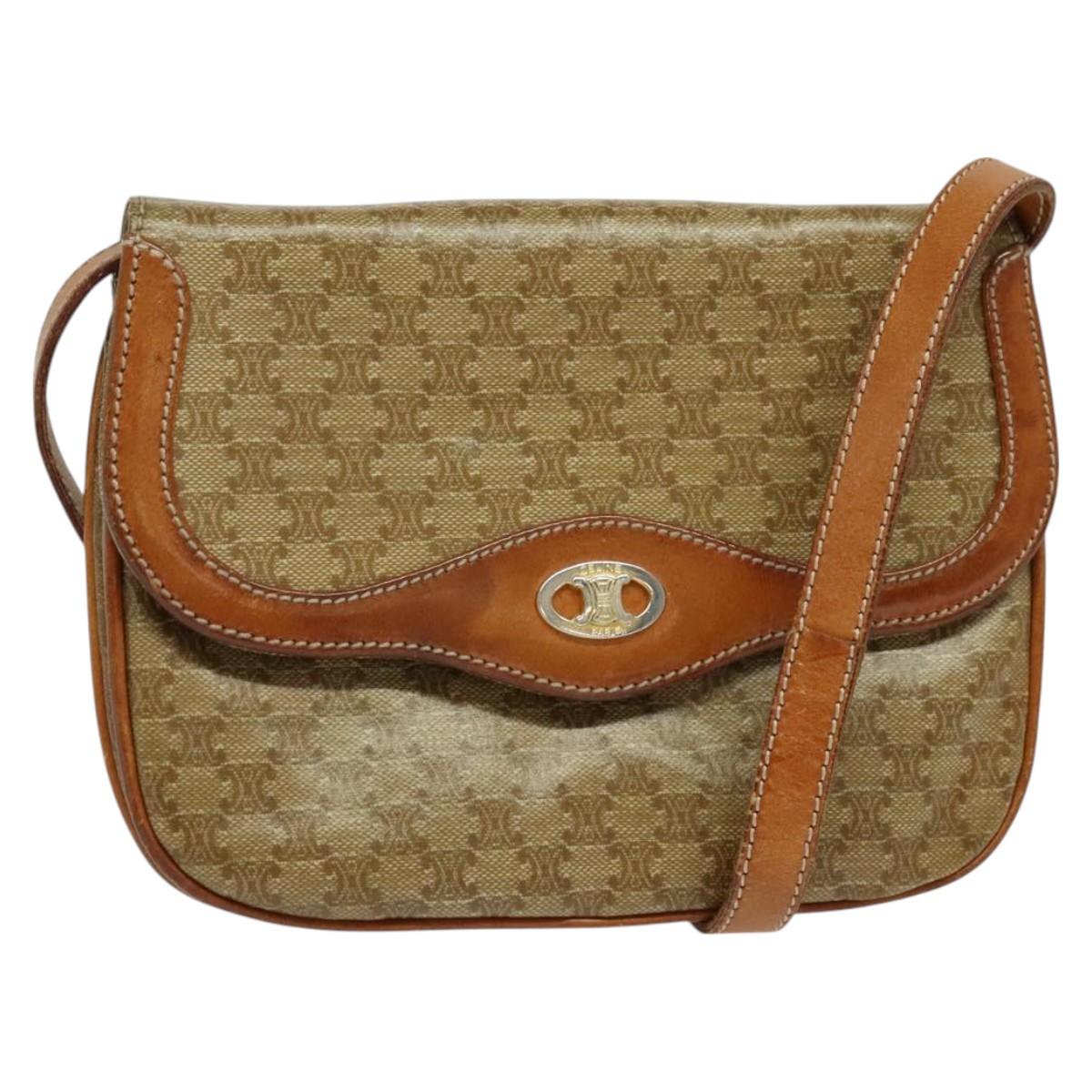 CELINE Macadam Canvas Shoulder Bag Beige Gold Auth 127903