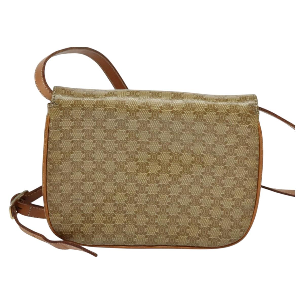 CELINE Macadam Canvas Shoulder Bag Beige Gold Auth 127903