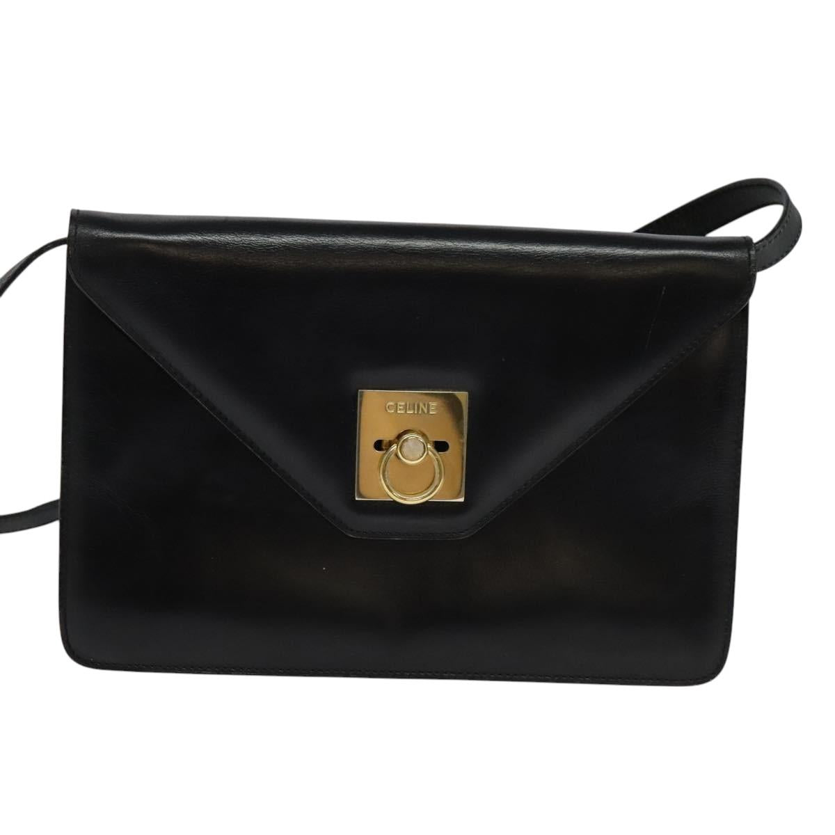 CELINE Shoulder Bag Leather Black Gold Auth 127909