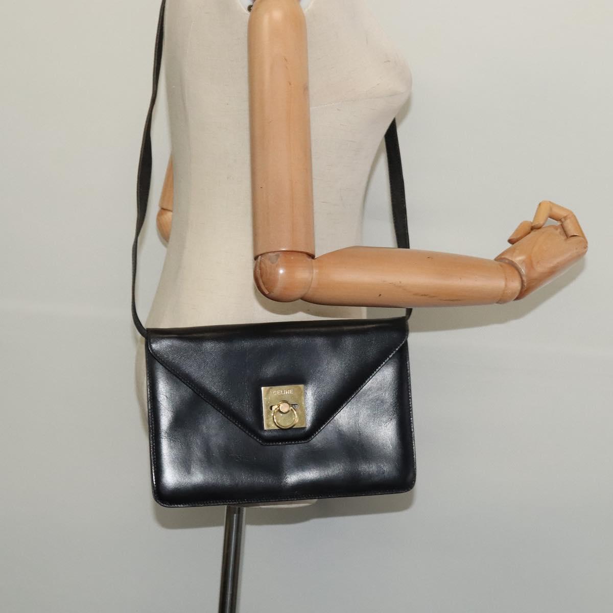 CELINE Shoulder Bag Leather Black Gold Auth 127909
