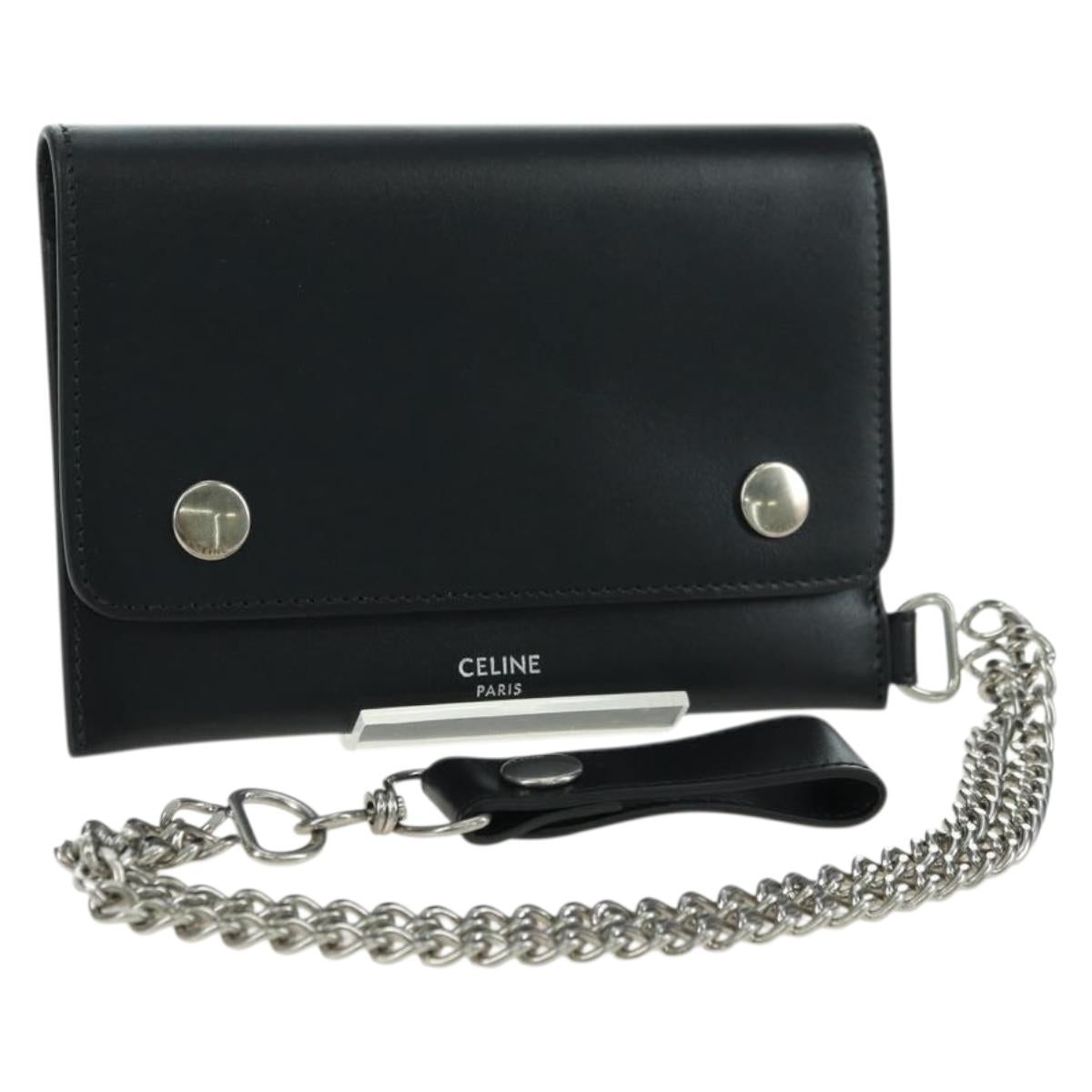 CELINE Chain Wallet Leather Silver Black 10C633-38SI Auth 127916