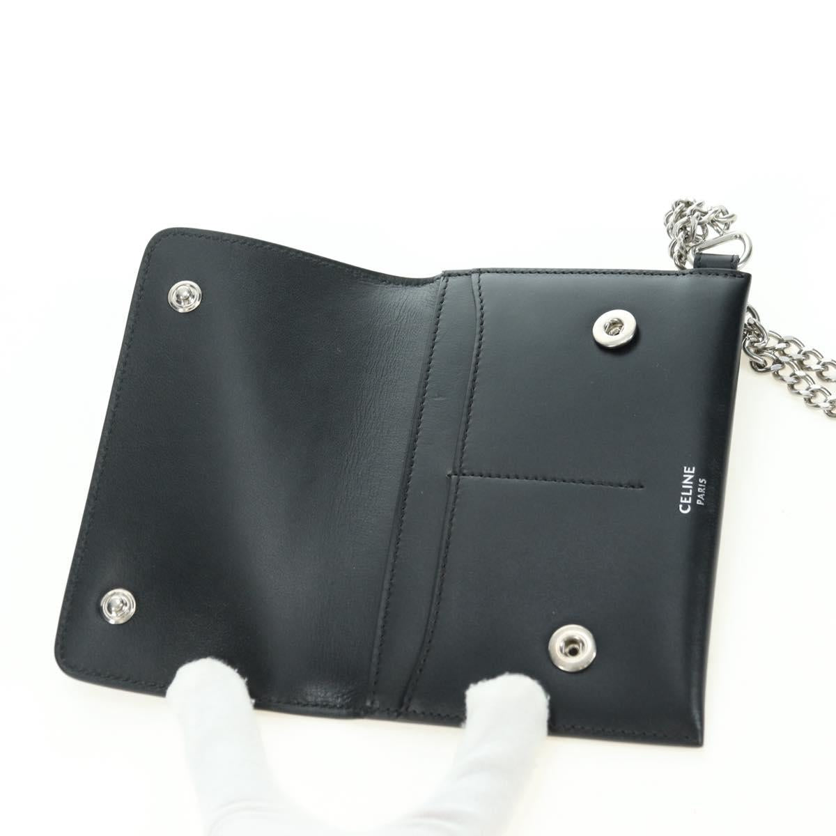 CELINE Chain Wallet Leather Silver Black 10C633-38SI Auth 127916
