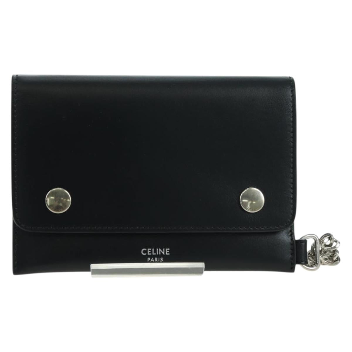 CELINE Chain Wallet Leather Silver Black 10C633-38SI Auth 127916