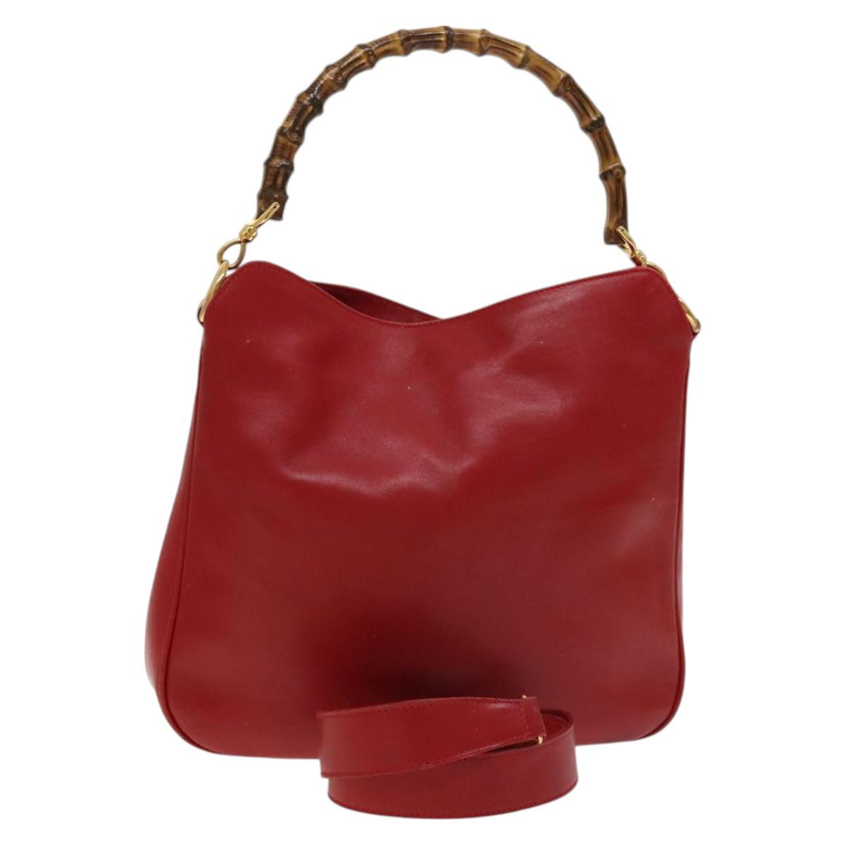 GUCCI Bamboo Hand Bag Leather 2way Red Gold 001 2113 1638 Auth 127995