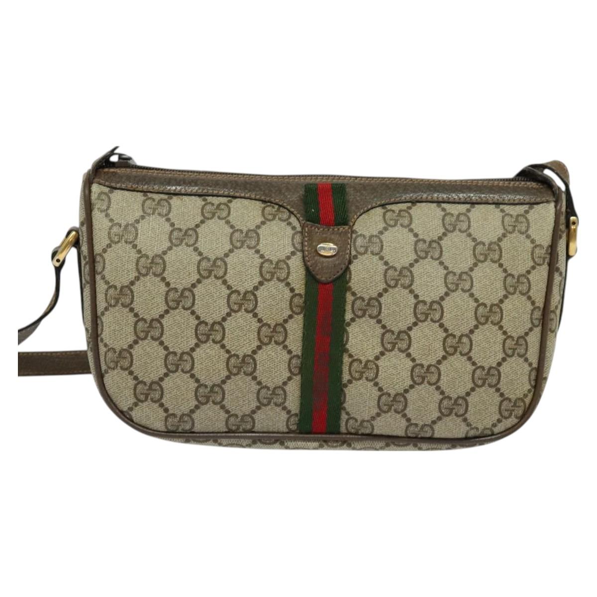 GUCCI GG Supreme Web Sherry Line Bag PVC Beige Gold Auth 128013