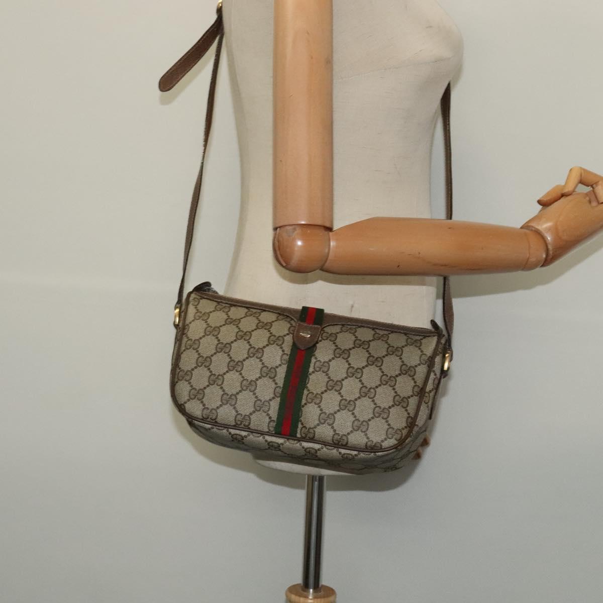 GUCCI GG Supreme Web Sherry Line Bag PVC Beige Gold Auth 128013