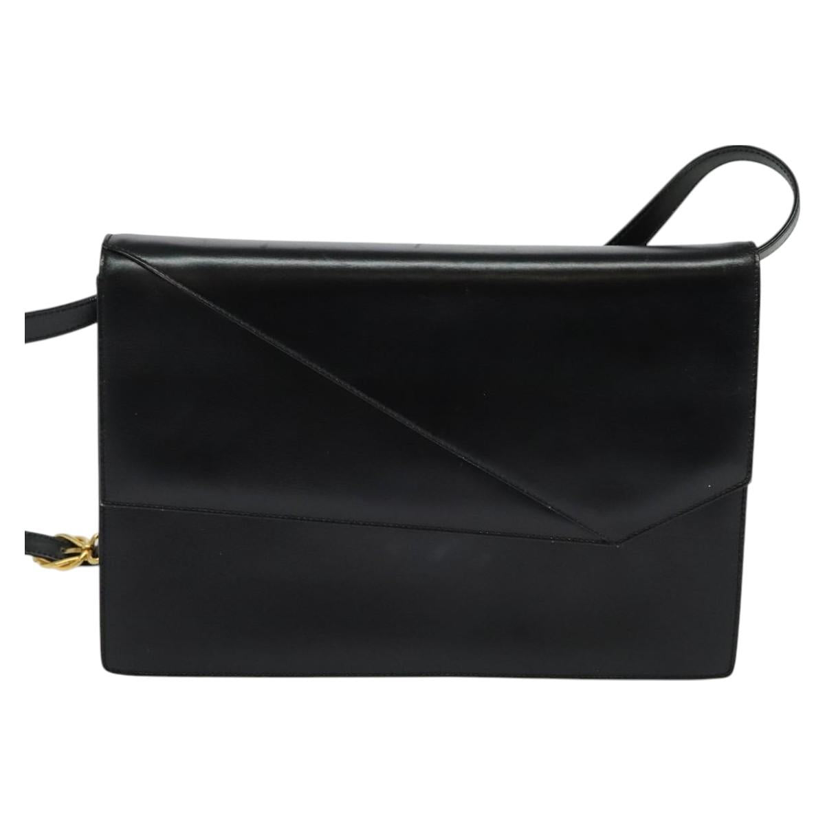 GUCCI Shoulder Bag Leather Black Gold Auth 128014