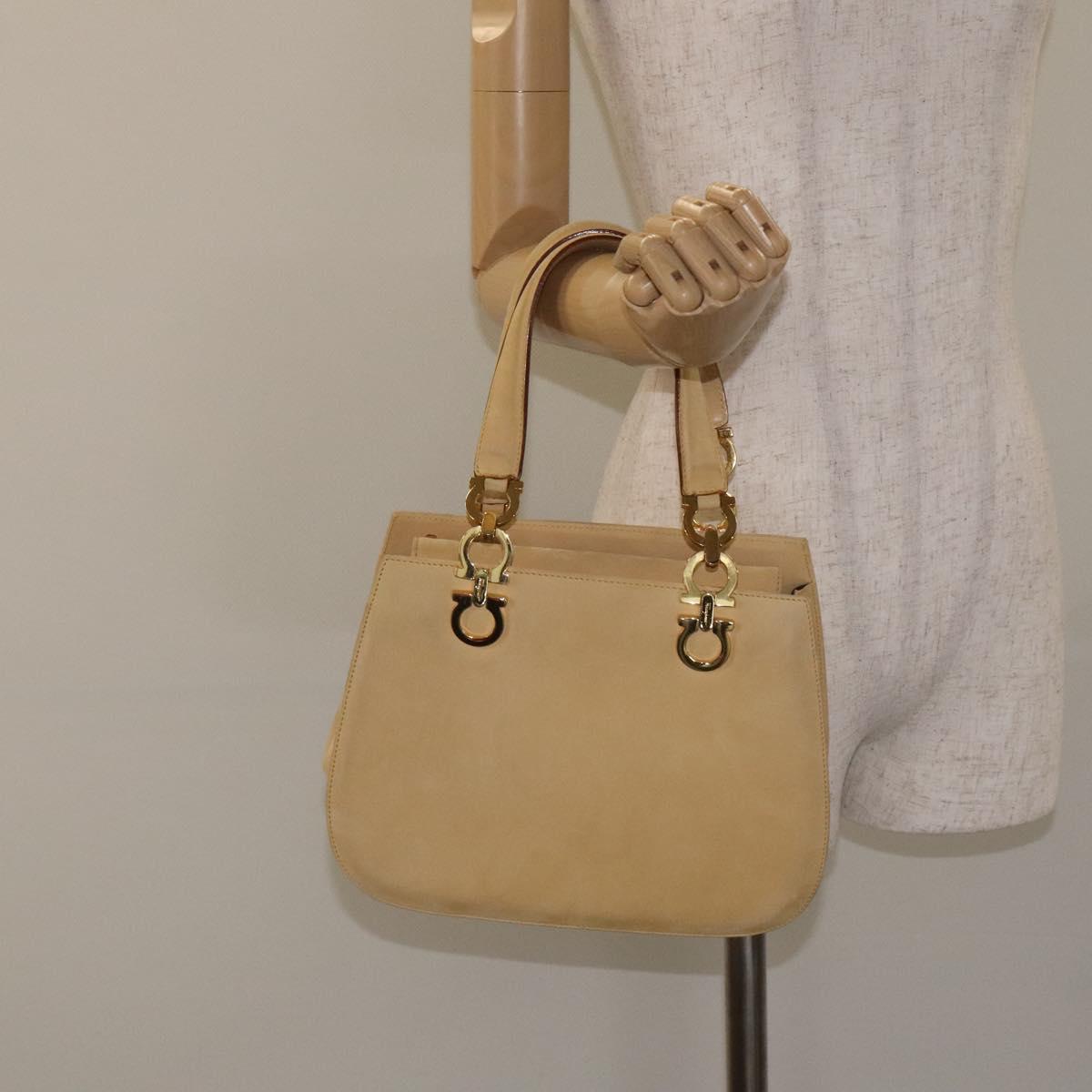 Salvatore Ferragamo Gancini Hand Bag Suede Beige Gold Auth 128015