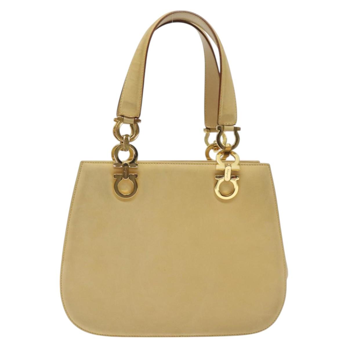 Salvatore Ferragamo Gancini Hand Bag Suede Beige Gold Auth 128015