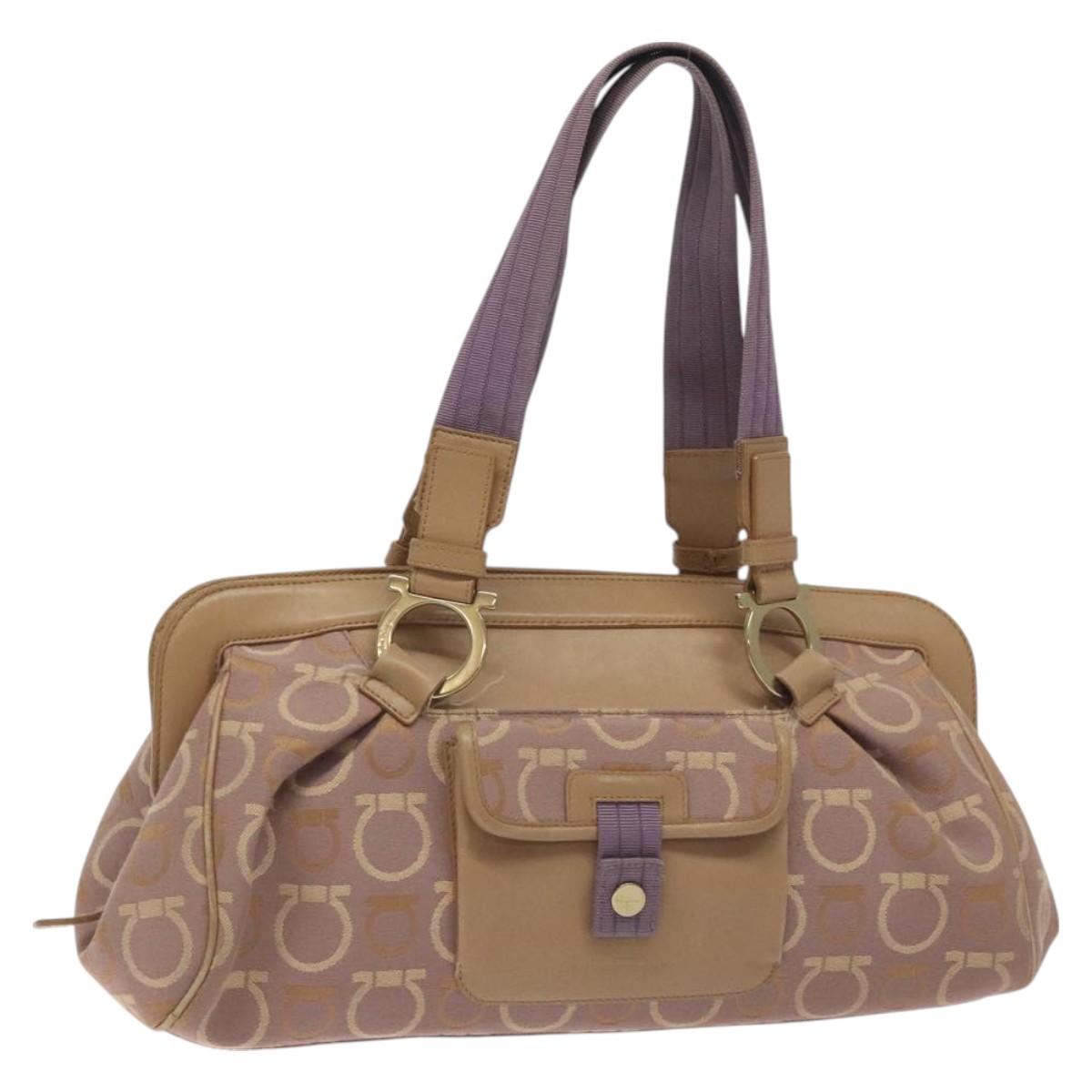 Salvatore Ferragamo Gancini Tote Bag Canvas Leather Purple Gold Auth 128017