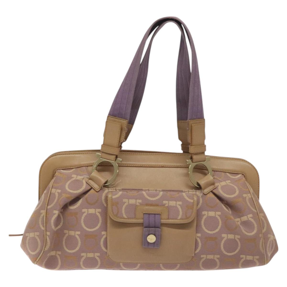 Salvatore Ferragamo Gancini Tote Bag Canvas Leather Purple Gold Auth 128017