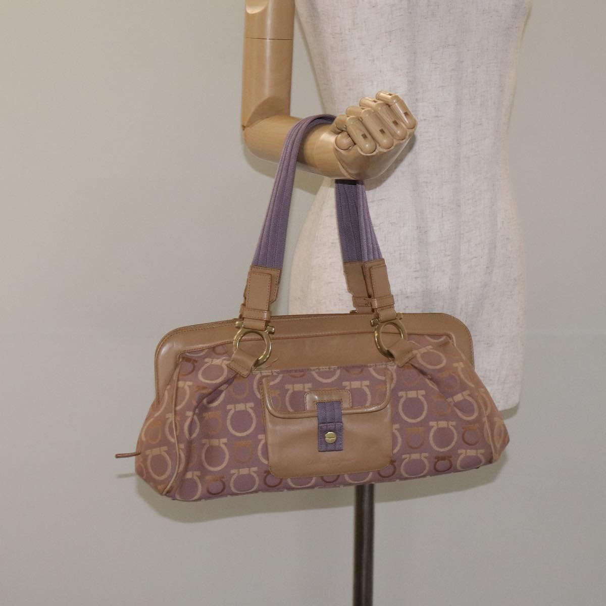 Salvatore Ferragamo Gancini Tote Bag Canvas Leather Purple Gold Auth 128017