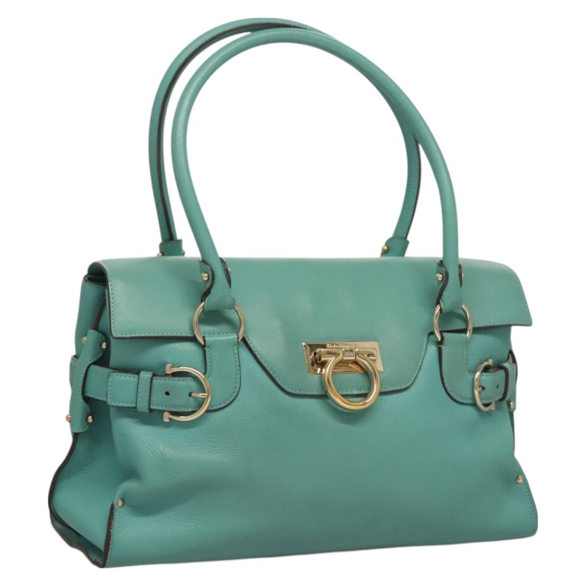 Salvatore Ferragamo Gancini Hand Bag Leather Turquoise Blue Gold Auth 128019