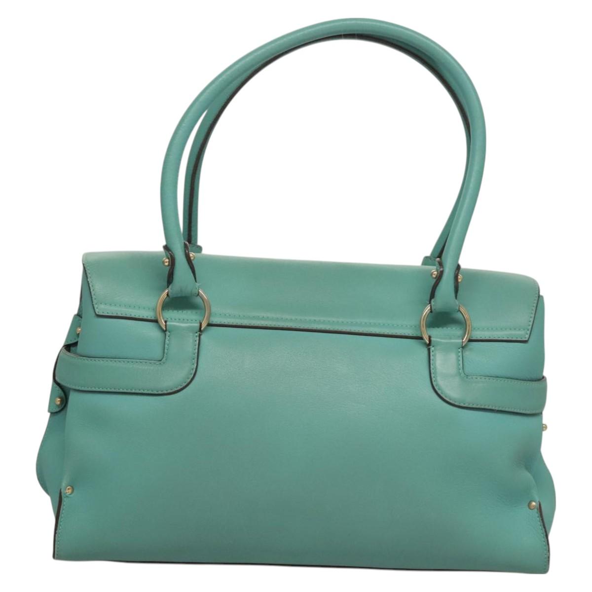Salvatore Ferragamo Gancini Hand Bag Leather Turquoise Blue Gold Auth 128019