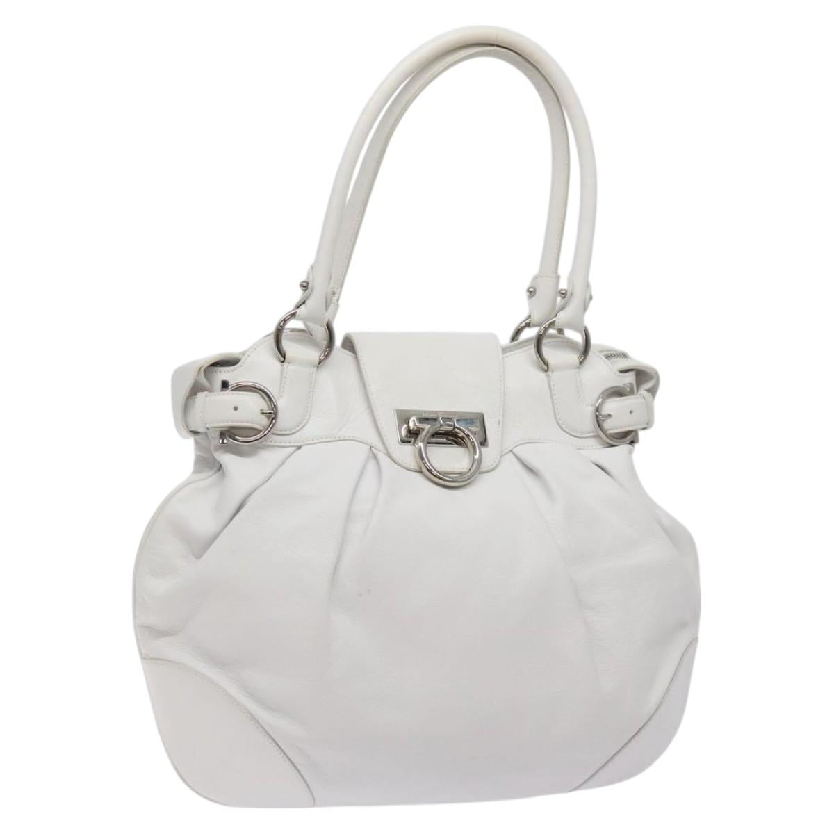 Salvatore Ferragamo Gancini Shoulder Bag Leather White Silver Auth 128020