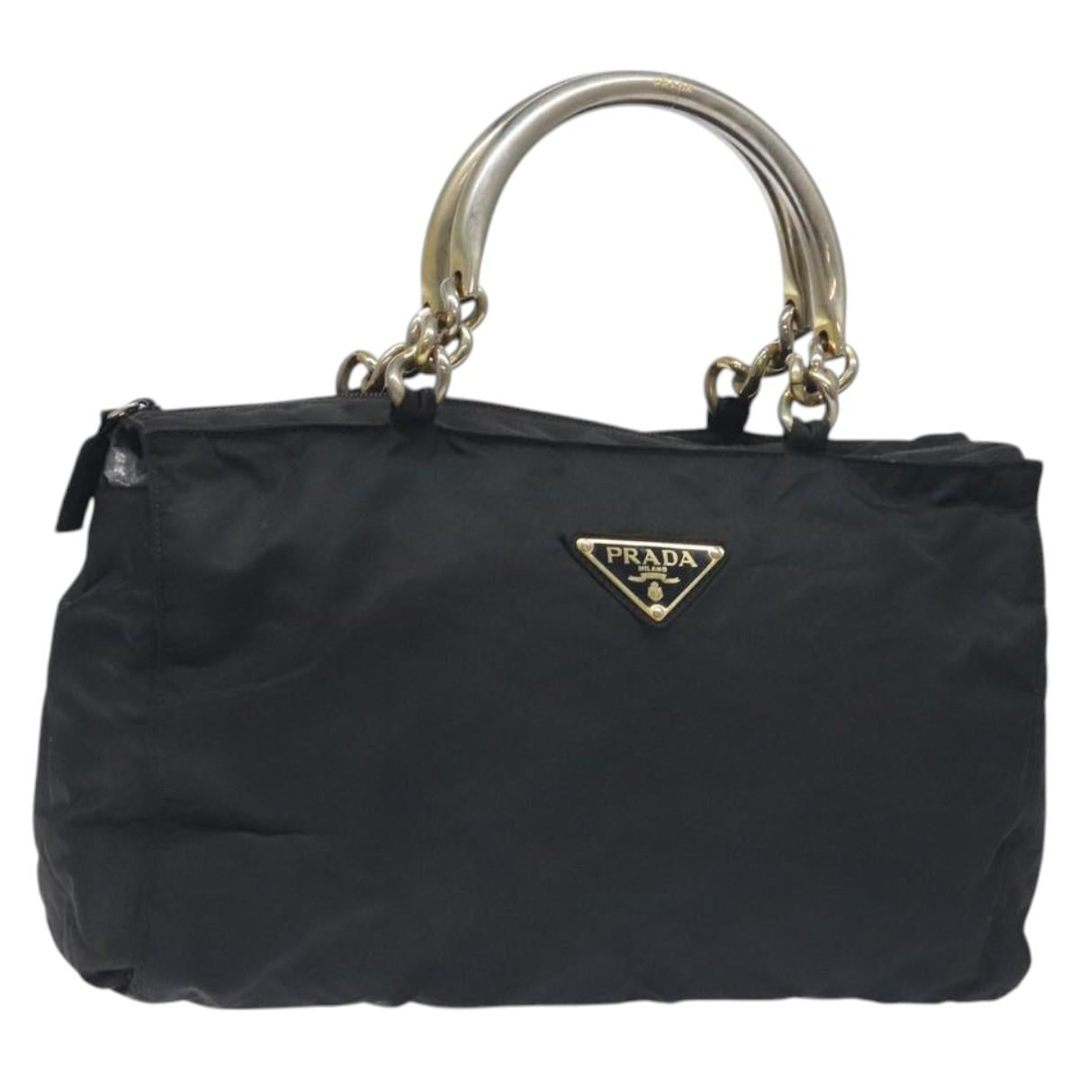 PRADA Hand Bag Nylon Black Gold Auth 128024