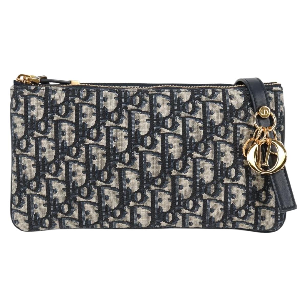 Christian Dior Trotter Canvas Shoulder Bag Navy Gold Auth 128034SM