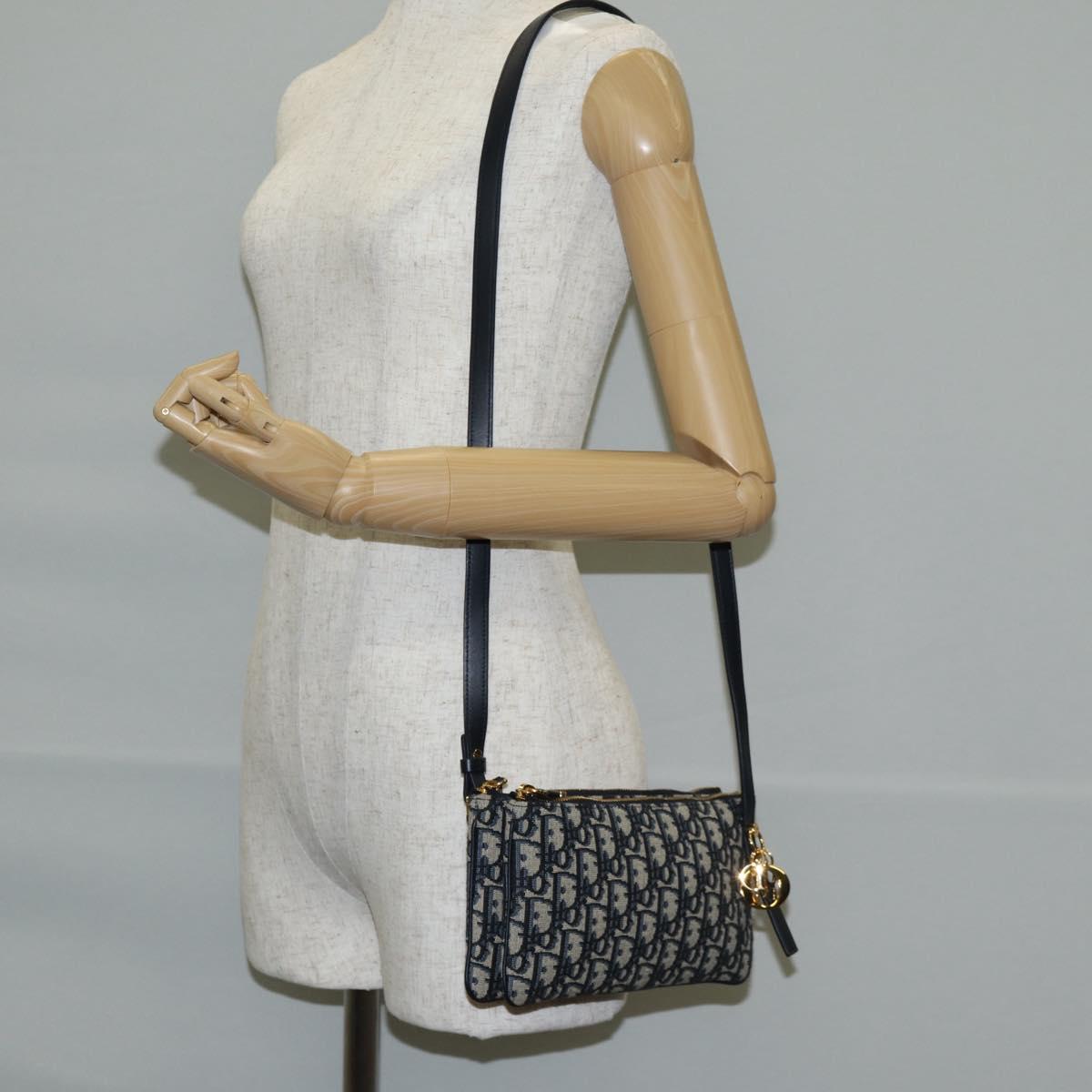 Christian Dior Trotter Canvas Shoulder Bag Navy Gold Auth 128034SM