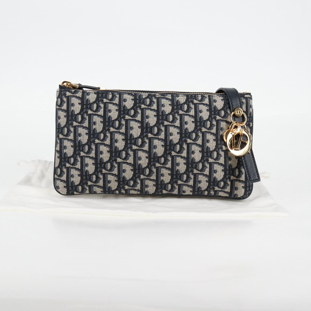 Christian Dior Trotter Canvas Shoulder Bag Navy Gold Auth 128034SM