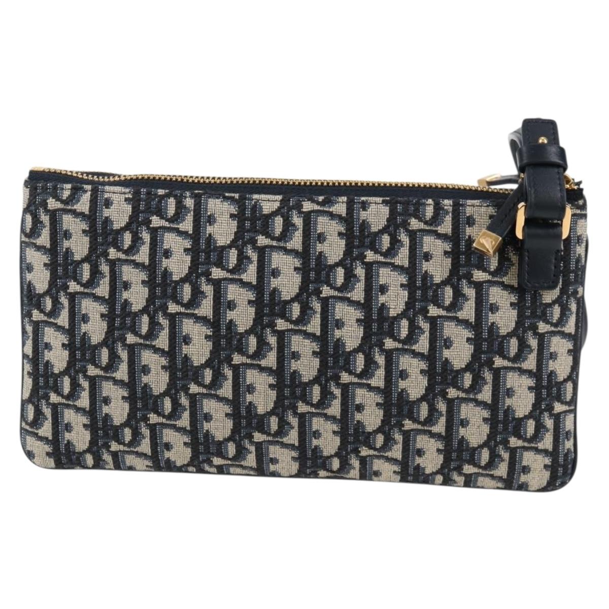 Christian Dior Trotter Canvas Shoulder Bag Navy Gold Auth 128034SM