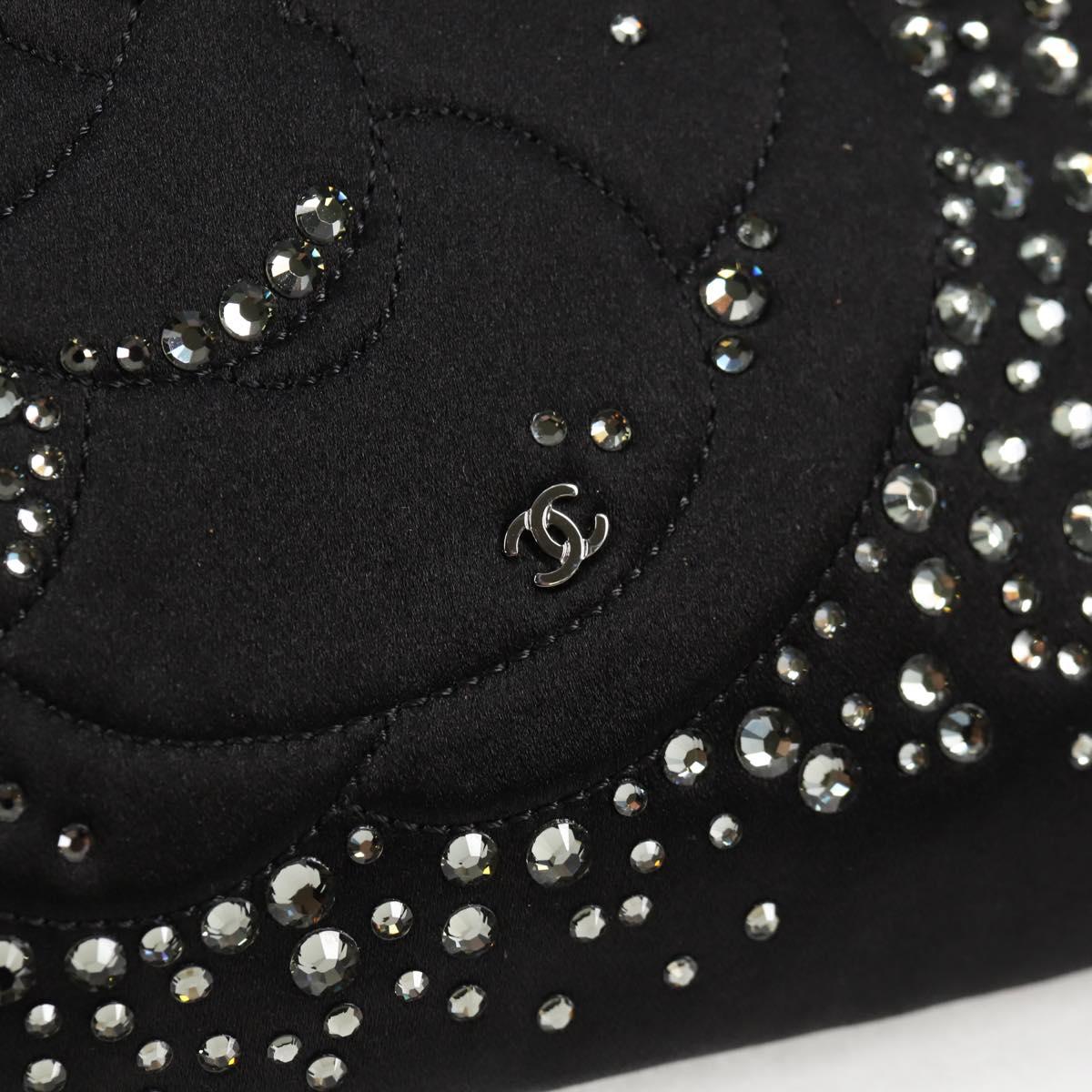 CHANEL Camellia Rhinestone Chain Accessory Pouch Satin Black CC Auth 128040SAV