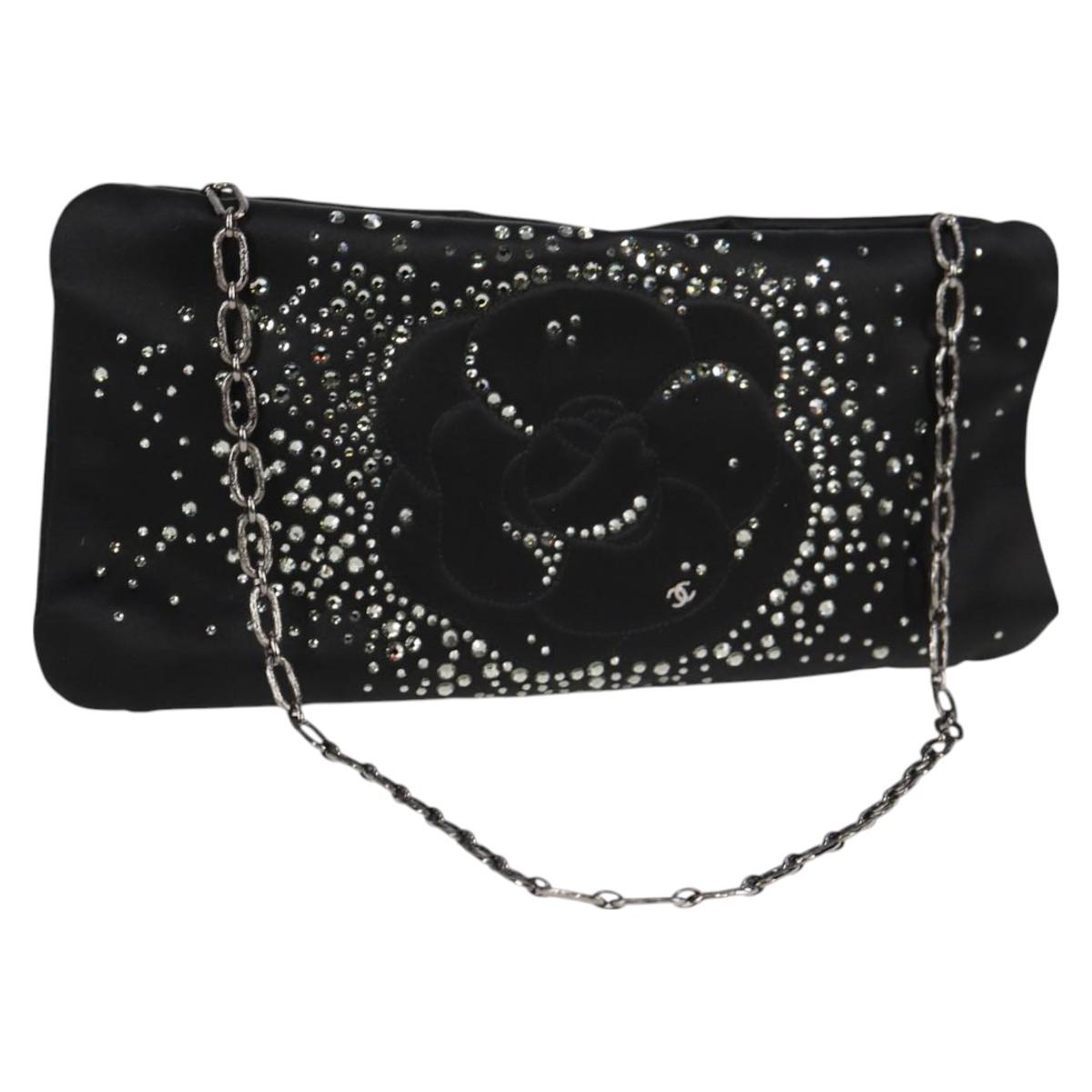 CHANEL Camellia Rhinestone Chain Accessory Pouch Satin Black CC Auth 128040SAV