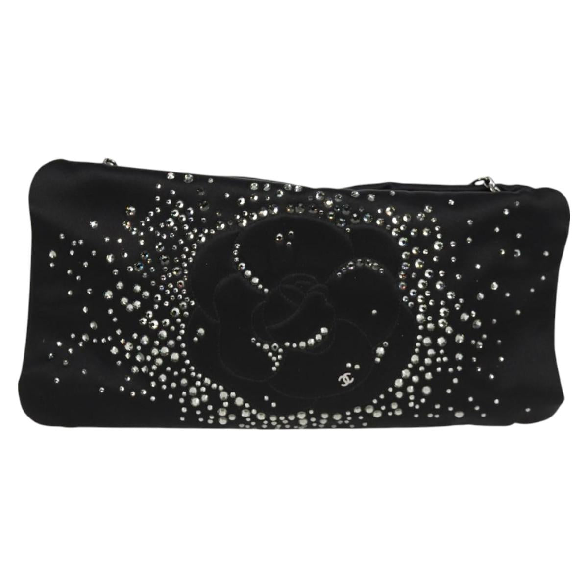 CHANEL Camellia Rhinestone Chain Accessory Pouch Satin Black CC Auth 128040SAV