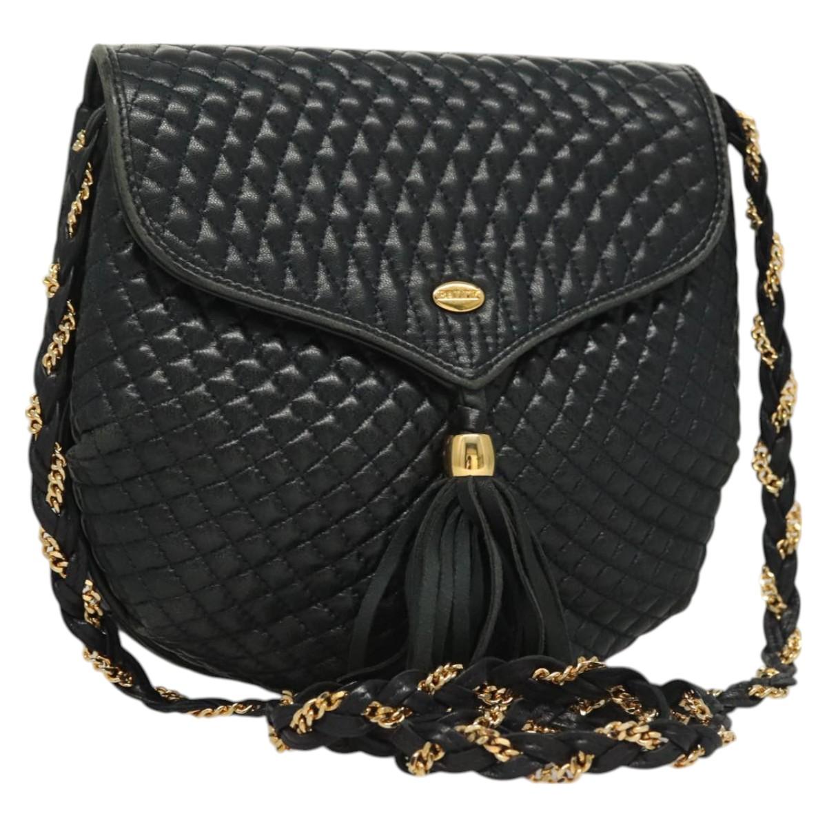 BALLY Chain Quilted Shoulder Bag Leather Navy Gold Auth 128056