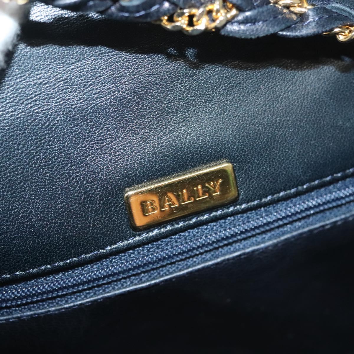 BALLY Chain Quilted Shoulder Bag Leather Navy Gold Auth 128056