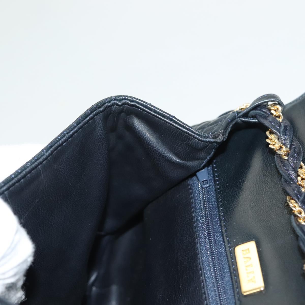 BALLY Chain Quilted Shoulder Bag Leather Navy Gold Auth 128056