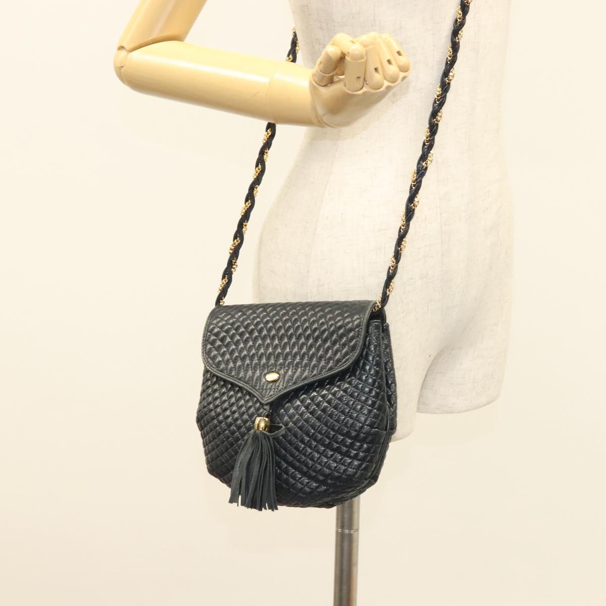 BALLY Chain Quilted Shoulder Bag Leather Navy Gold Auth 128056