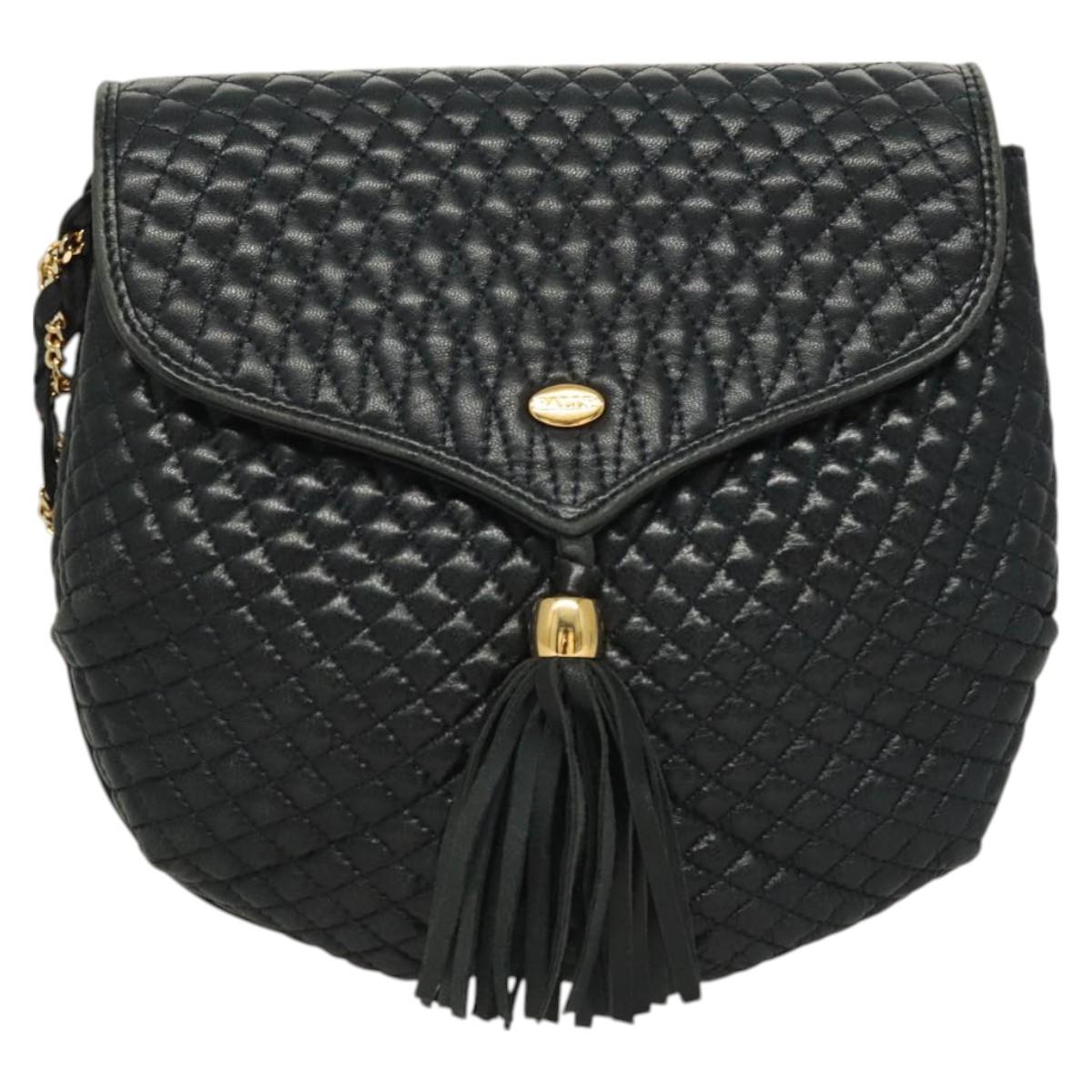 BALLY Chain Quilted Shoulder Bag Leather Navy Gold Auth 128056
