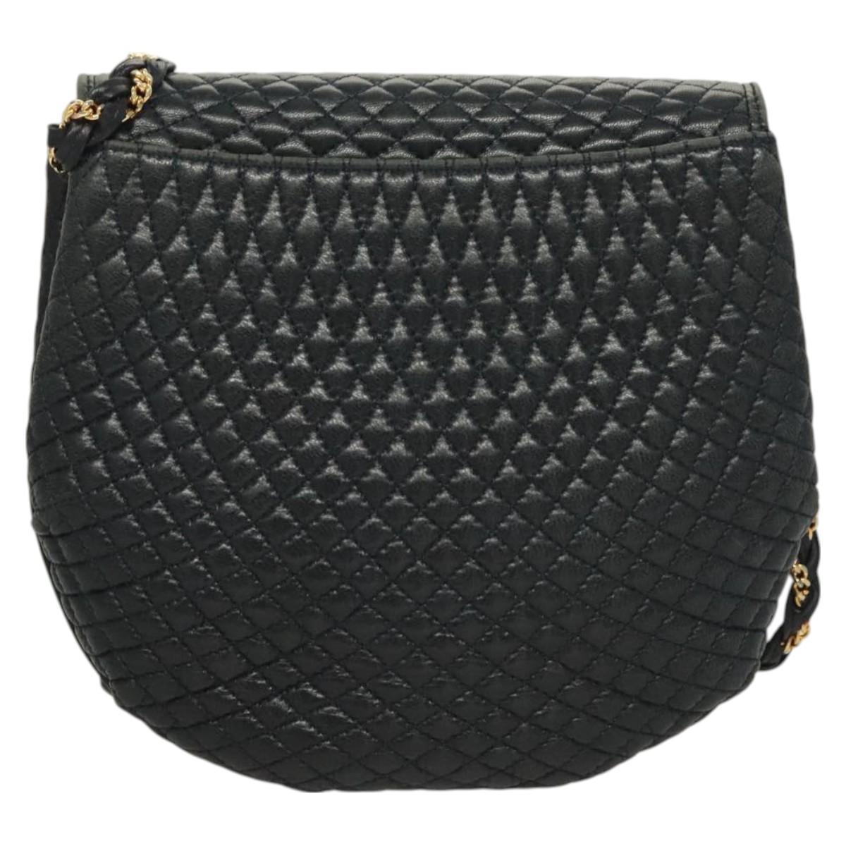 BALLY Chain Quilted Shoulder Bag Leather Navy Gold Auth 128056