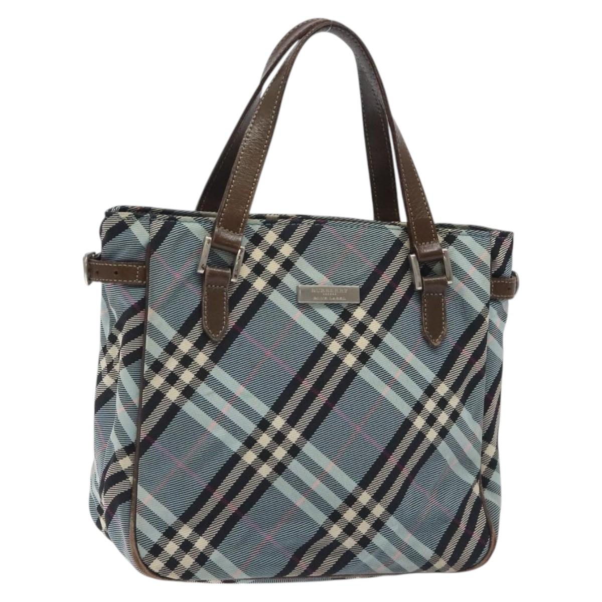 BURBERRY Nova Check Blue Label Hand Bag Nylon Blue Silver Auth 128058