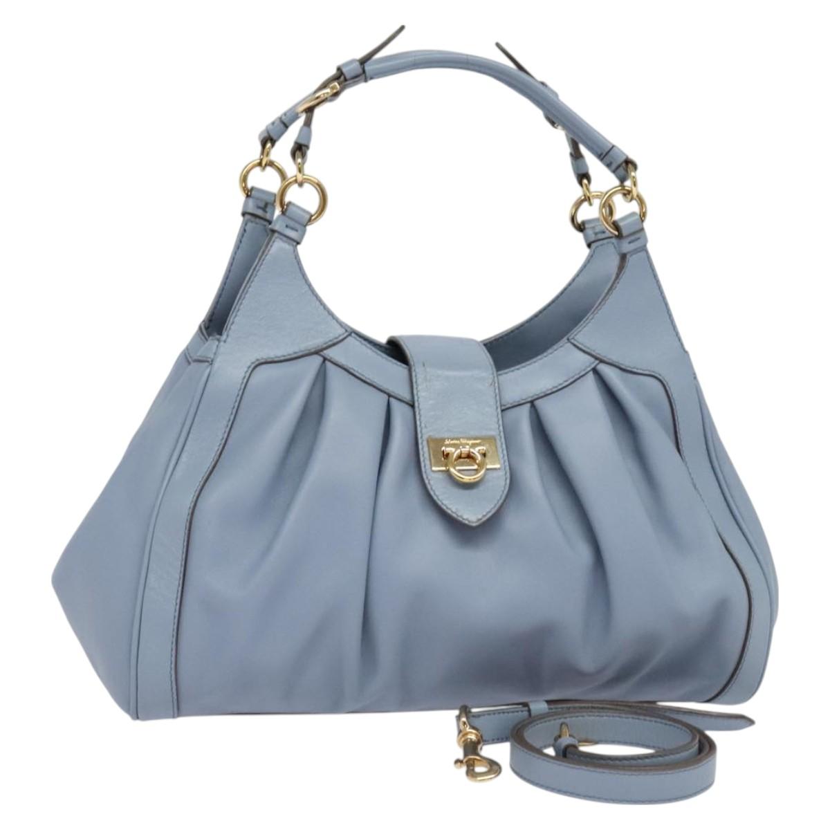 Salvatore Ferragamo Gancini Hand Bag Leather 2way Blue Gold Auth 128064