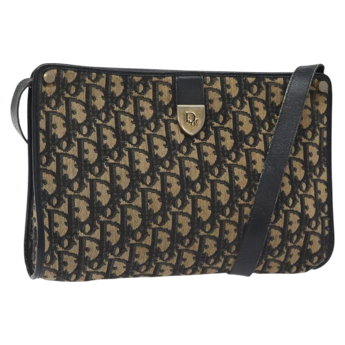 Christian Dior Trotter Canvas Shoulder Bag Navy Gold Auth 128065