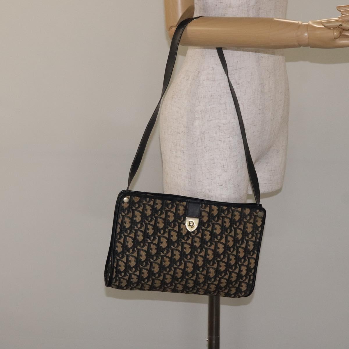 Christian Dior Trotter Canvas Shoulder Bag Navy Gold Auth 128065