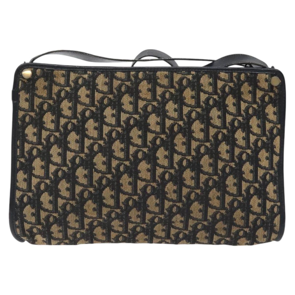 Christian Dior Trotter Canvas Shoulder Bag Navy Gold Auth 128065