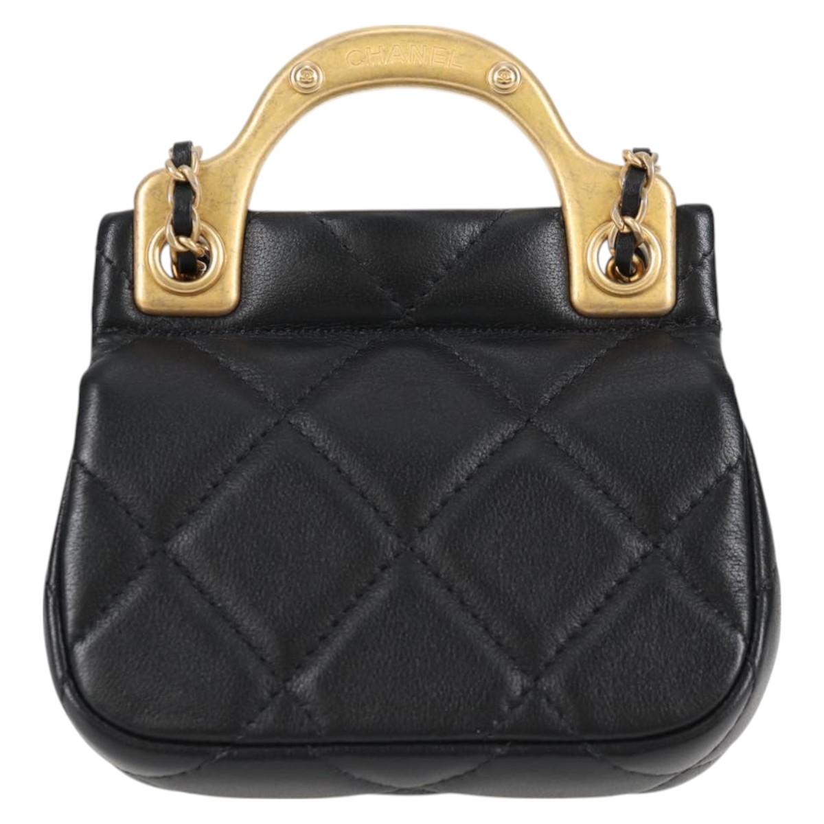CHANEL Chain Pouch Shoulder Bag Lamb Skin Black Gold CC Auth 128104SM