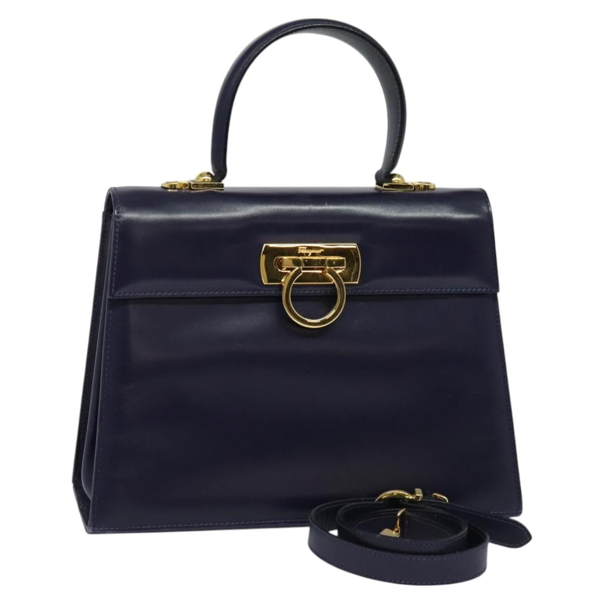 Salvatore Ferragamo Gancini Hand Bag Leather 2way Purple Gold Auth 128108