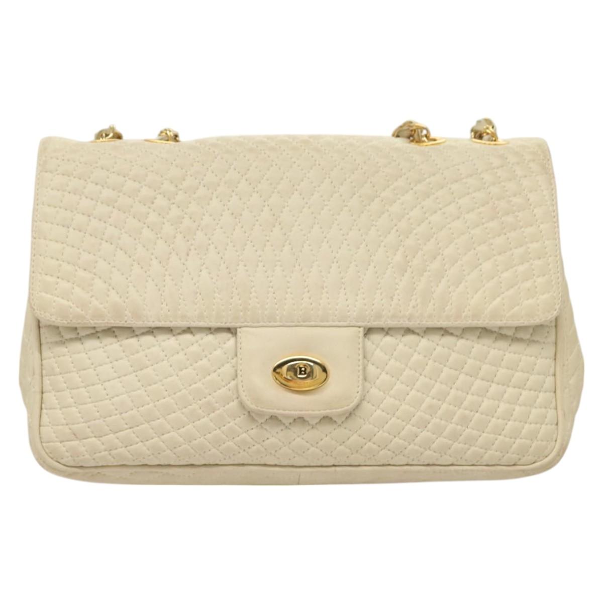 BALLY Chain Quilted Shoulder Bag Leather White Gold Auth 128125