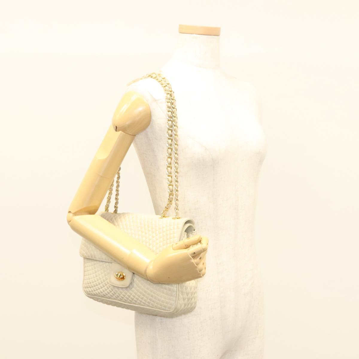 BALLY Chain Quilted Shoulder Bag Leather White Gold Auth 128125