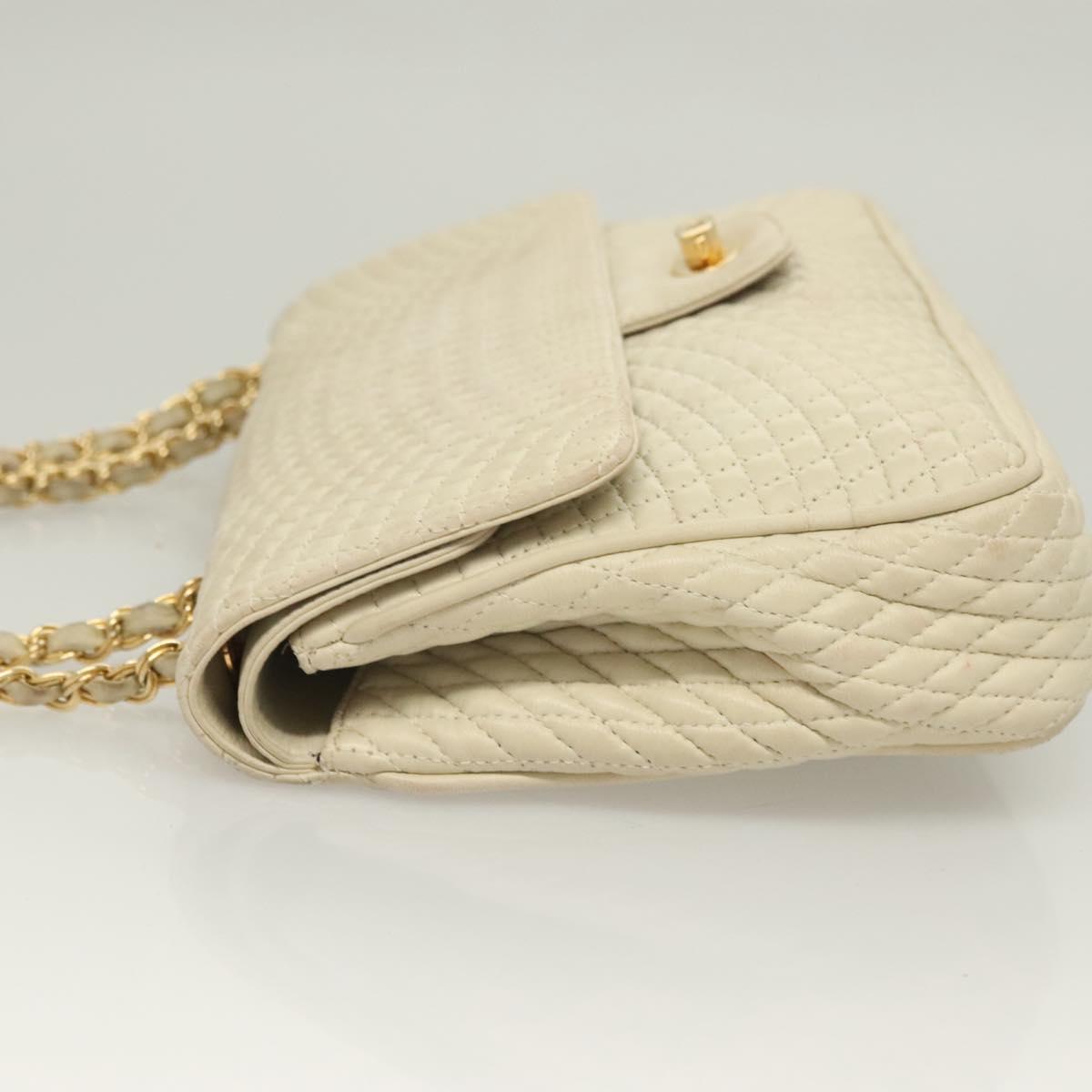 BALLY Chain Quilted Shoulder Bag Leather White Gold Auth 128125