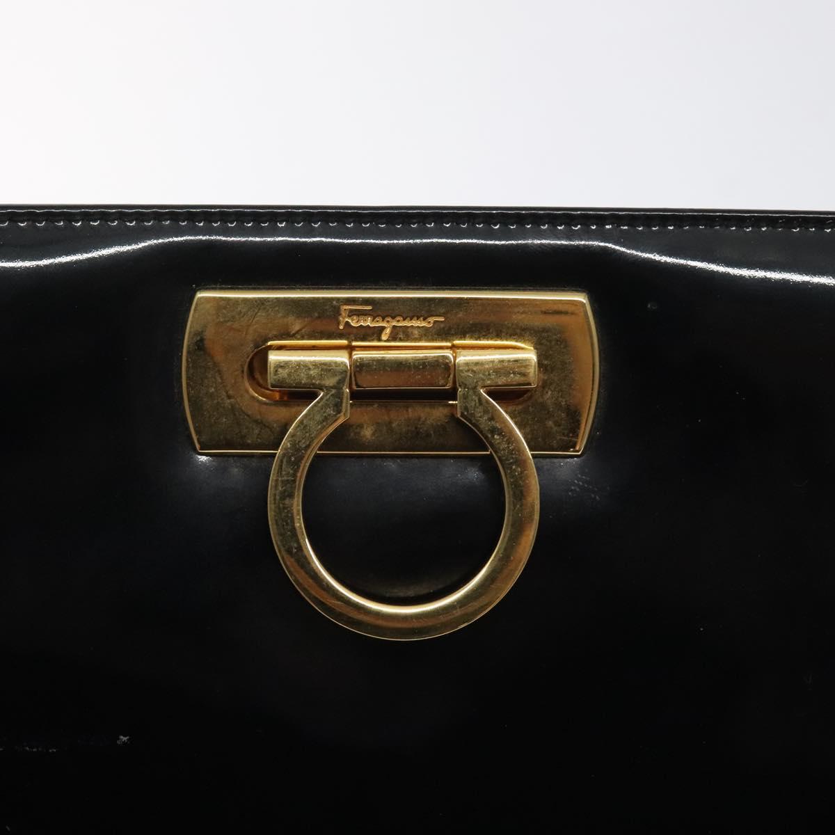 Salvatore Ferragamo Gancini Chain Shoulder Bag Patent Black Gold Auth 128138